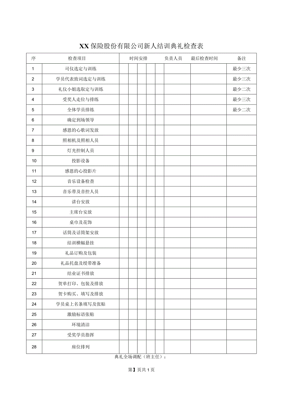 XX保险股份有限公司新人结训典礼检查表（2023年）.docx_第1页