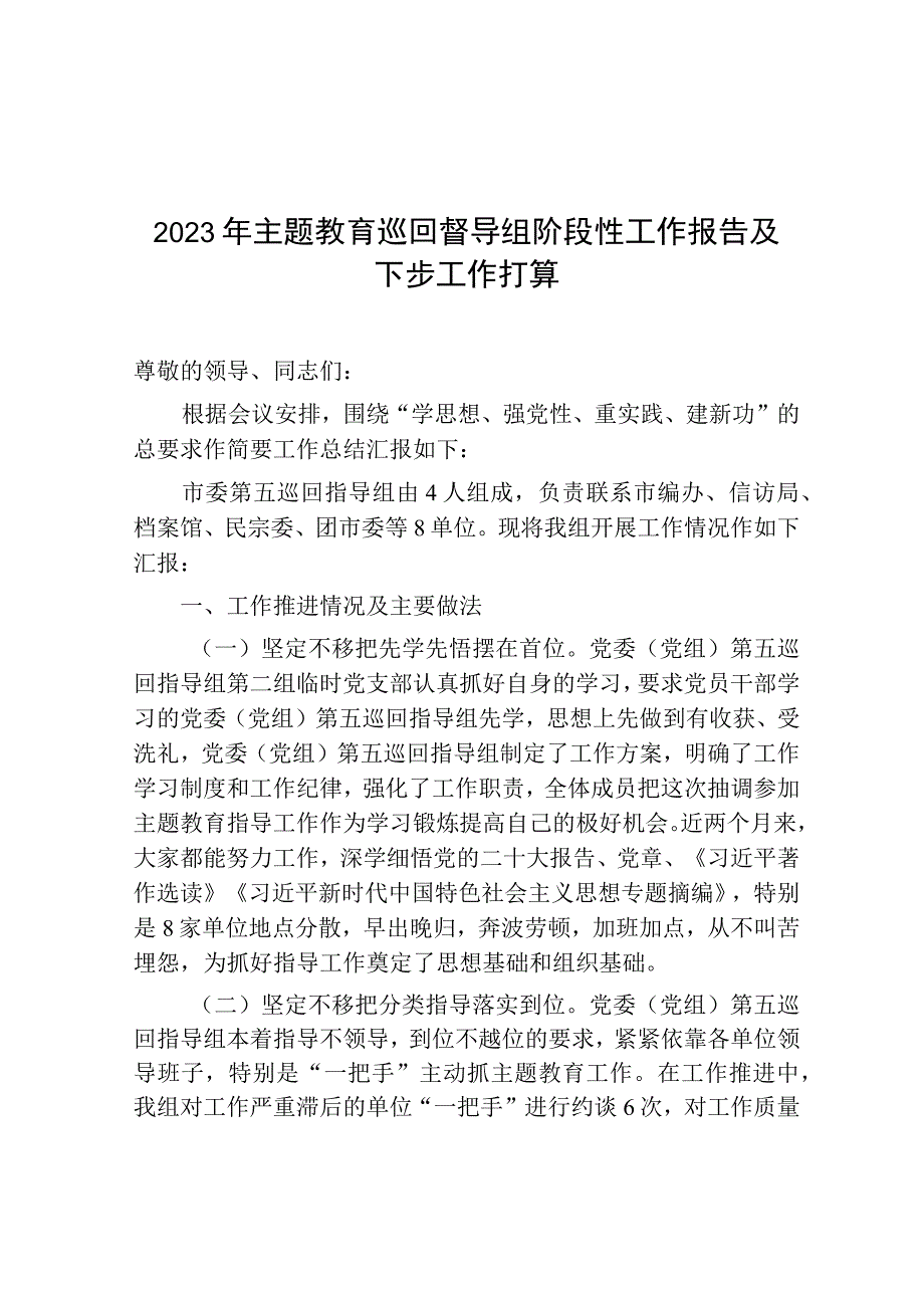 2023年主题教育巡回督导组阶段性工作报告及下步工作打算.docx_第1页