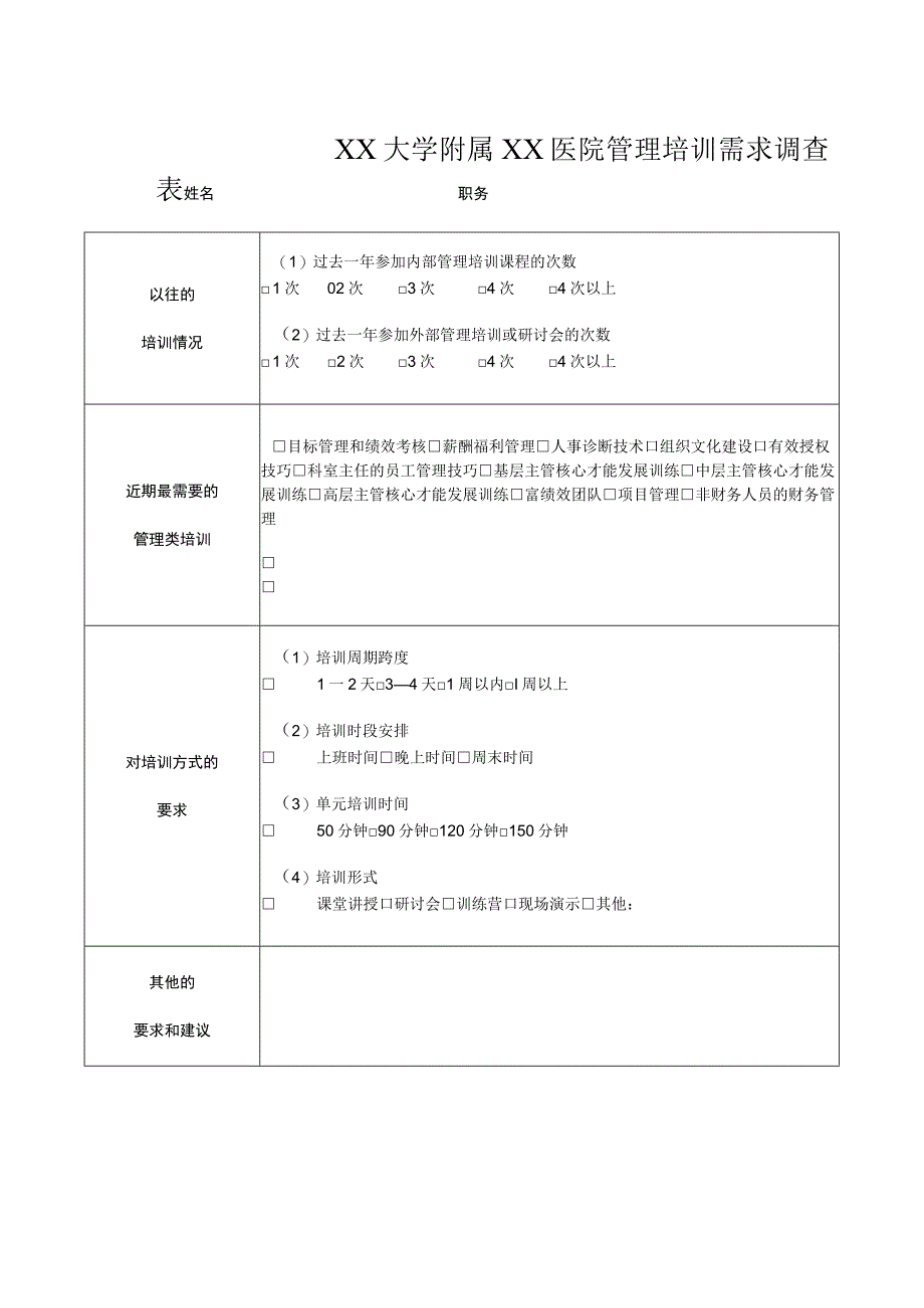 XX大学附属XX医院管理培训需求调查表（2023年）.docx_第1页