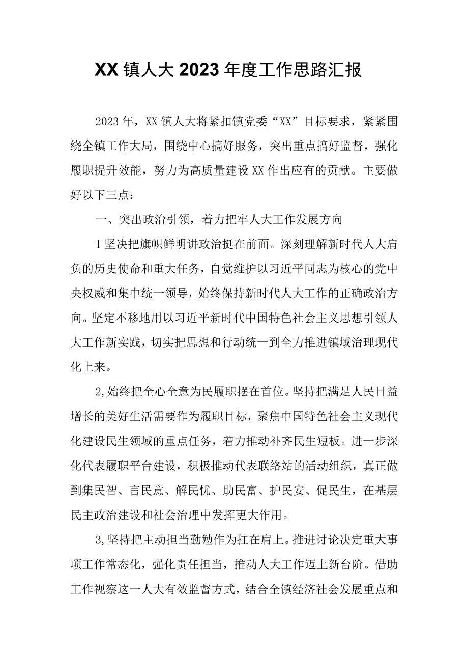 XX镇人大2023年度工作思路汇报.docx_第1页