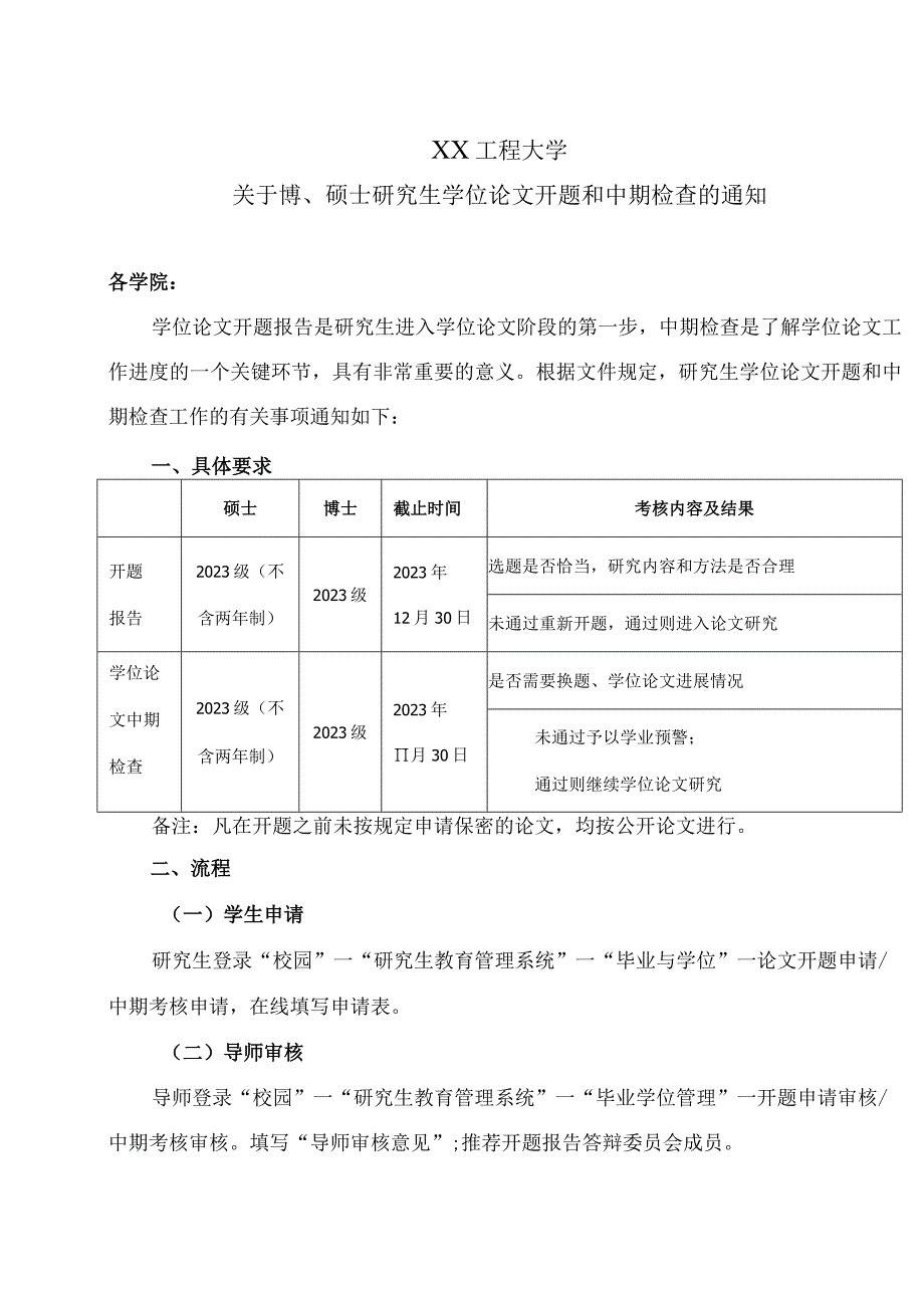 XX工程大学关于2022级博、硕士研究生学位论文开题和中期检查的通知.docx_第1页