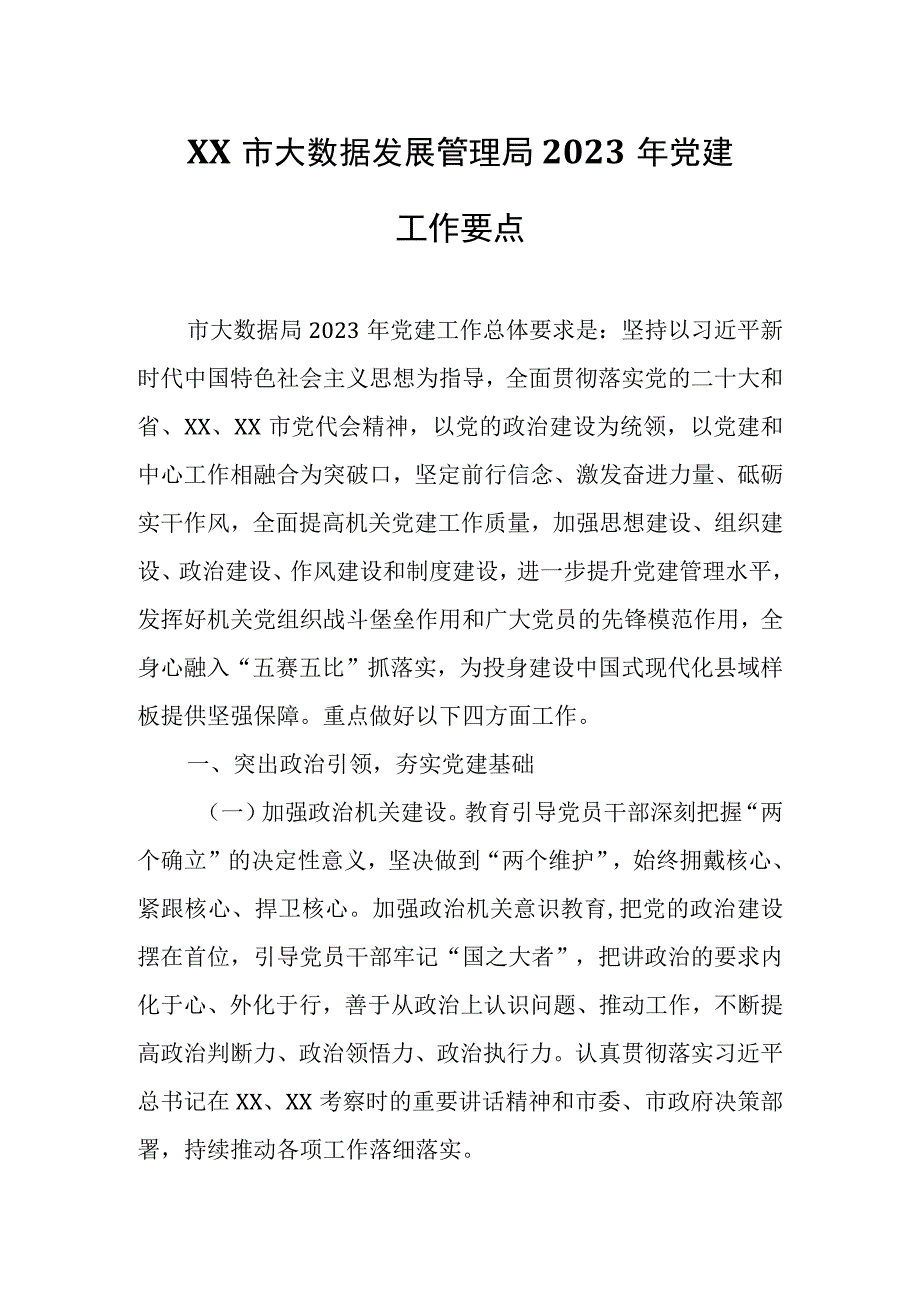 XX市大数据发展管理局2023年党建工作要点.docx_第1页