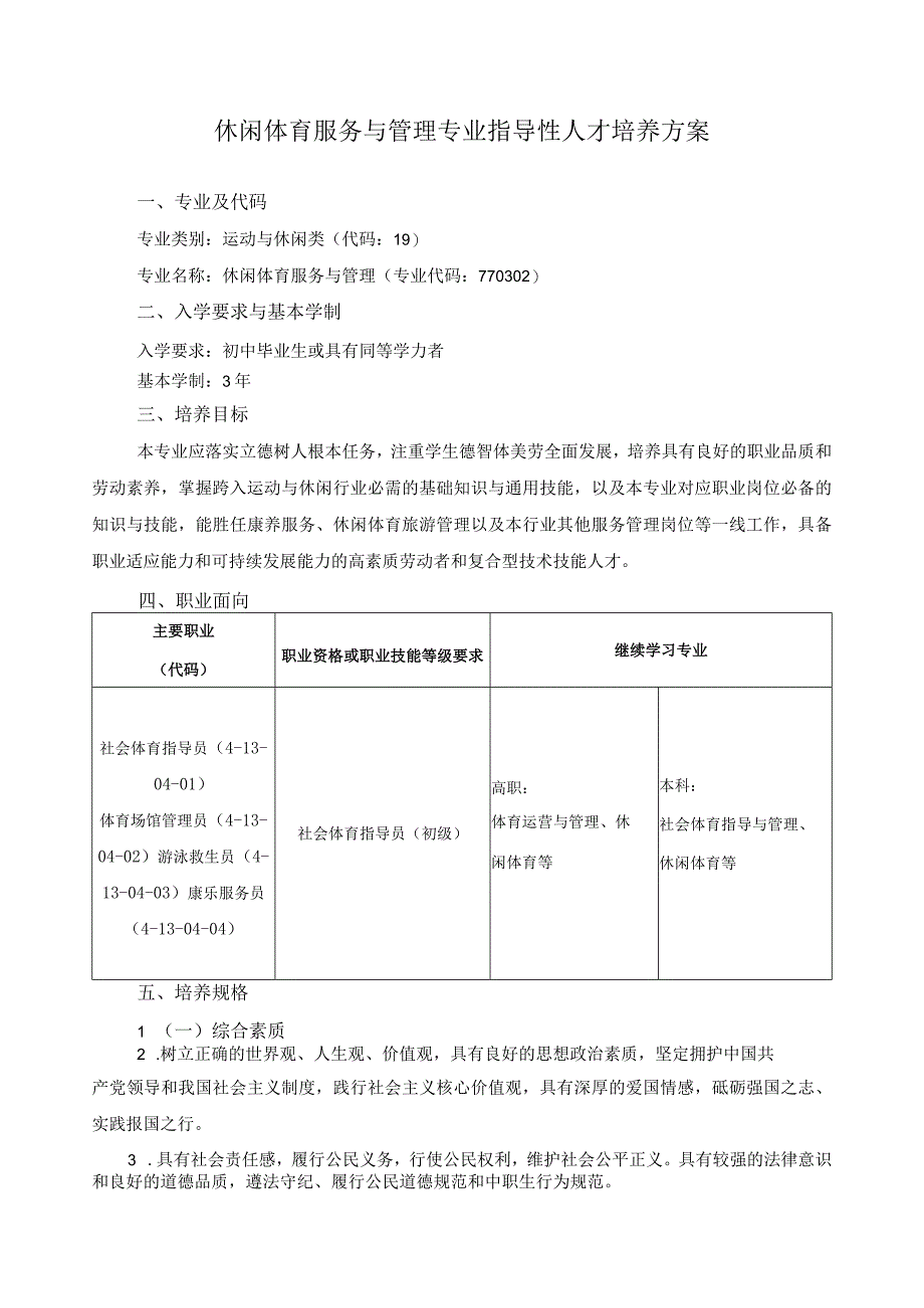 休闲体育服务与管理专业指导性人才培养方案.docx_第1页