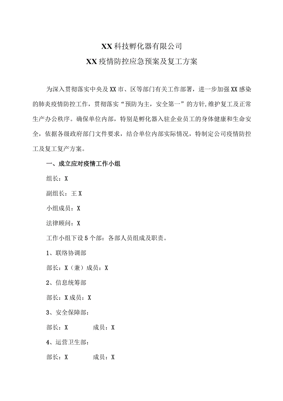 XX科技孵化器有限公司XX疫情防控应急预案及复工方案〔2023〕20号.docx_第1页