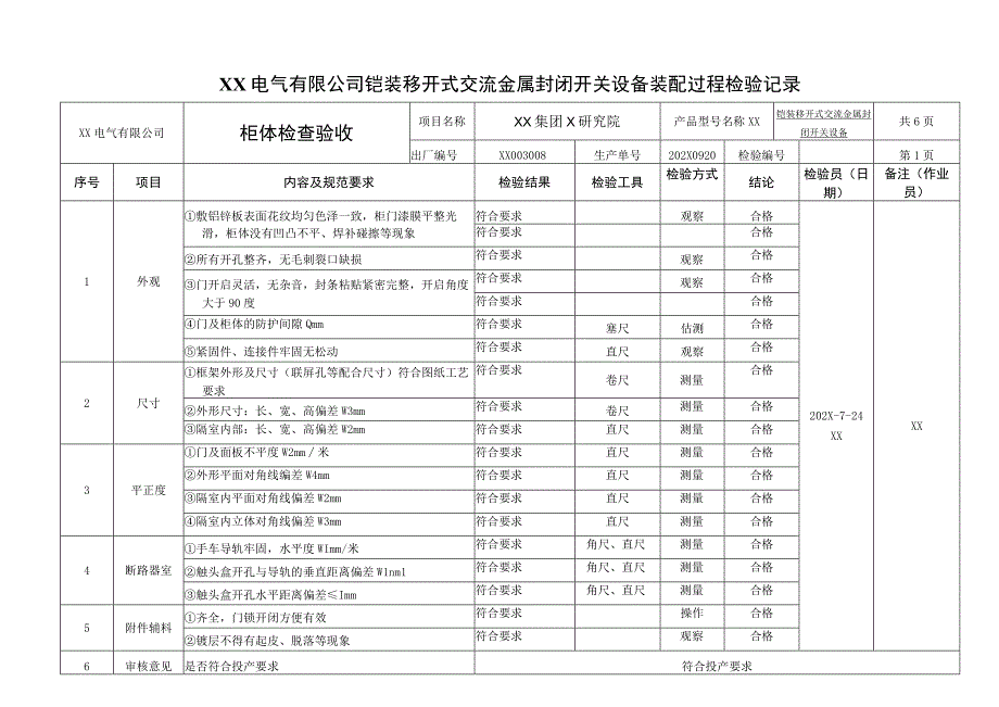 XX电气有限公司铠装移开式交流金属封闭开关设备装配过程检验记录（2023年）.docx_第1页