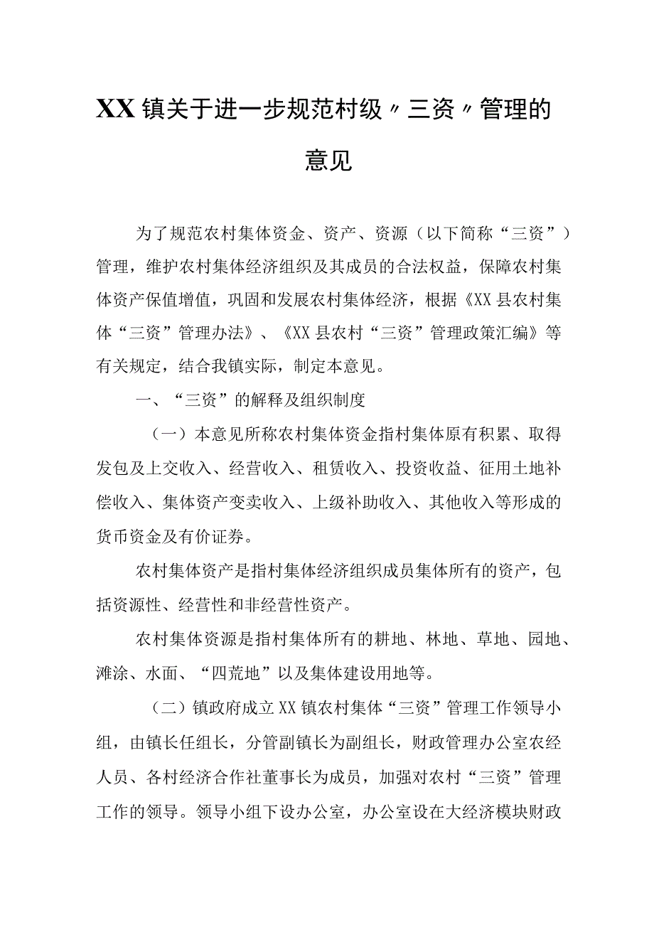 XX镇关于进一步规范村级“三资”管理的意见.docx_第1页