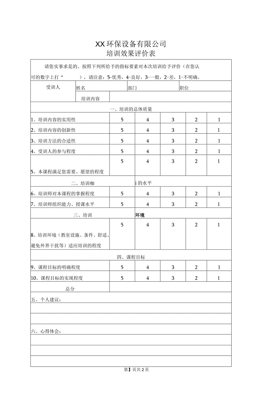 XX环保设备有限公司培训效果评价表（2023年）.docx_第1页