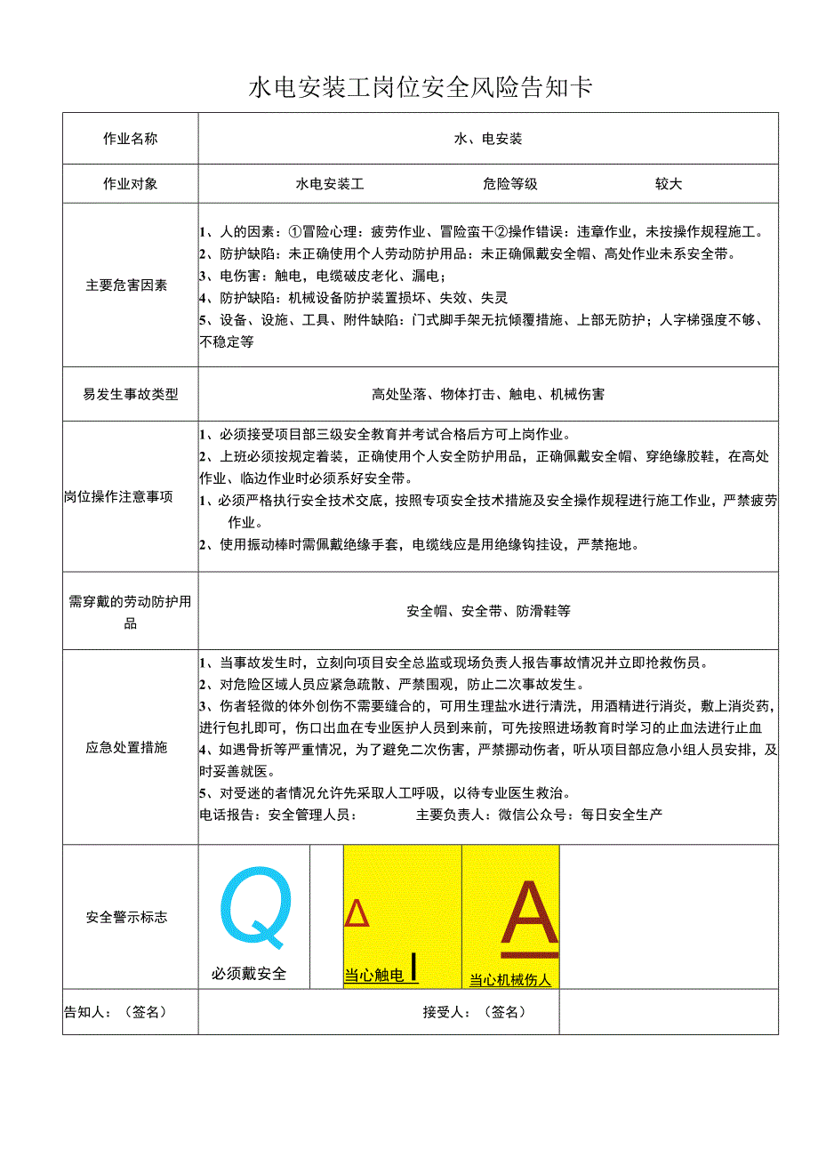 水电安装工岗位安全风险告知卡.docx_第1页