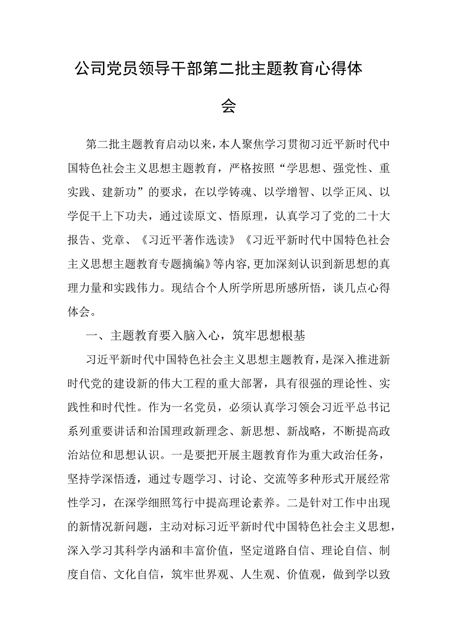 心得体会：公司党员领导干部第二批主题教育.docx_第1页