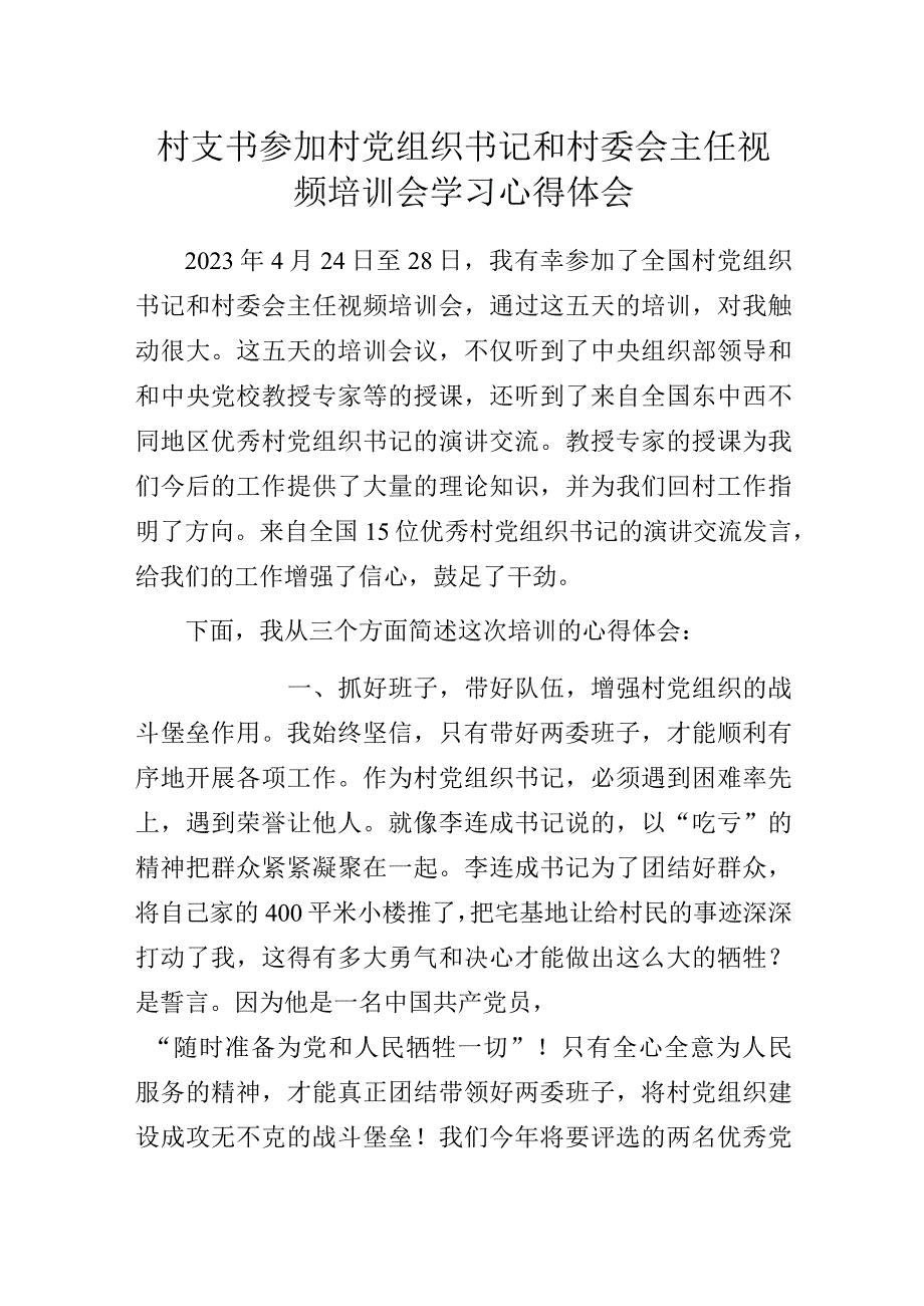 村支书参加村党组织书记和村委会主任视频培训会学习心得体会.docx_第1页