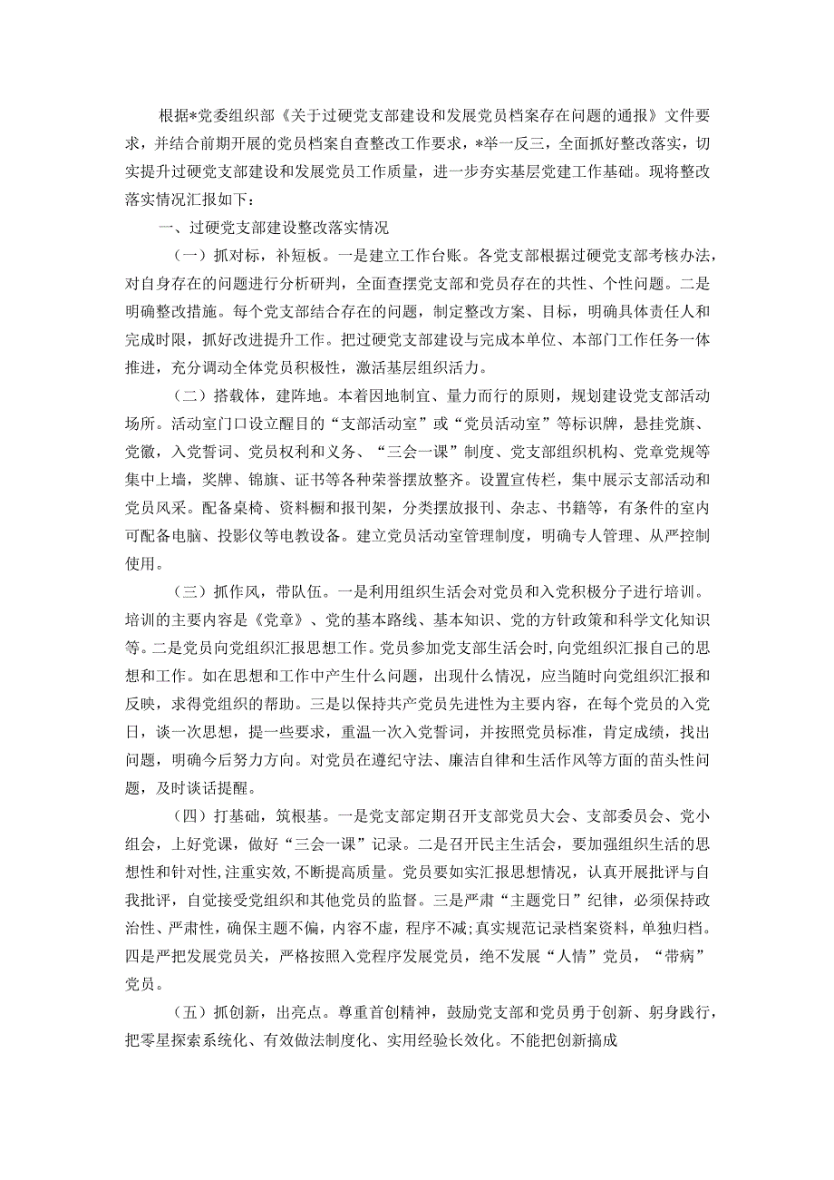 国有企业关于过硬党支部建设和发展党员档案整改落实情况的报告.docx_第1页