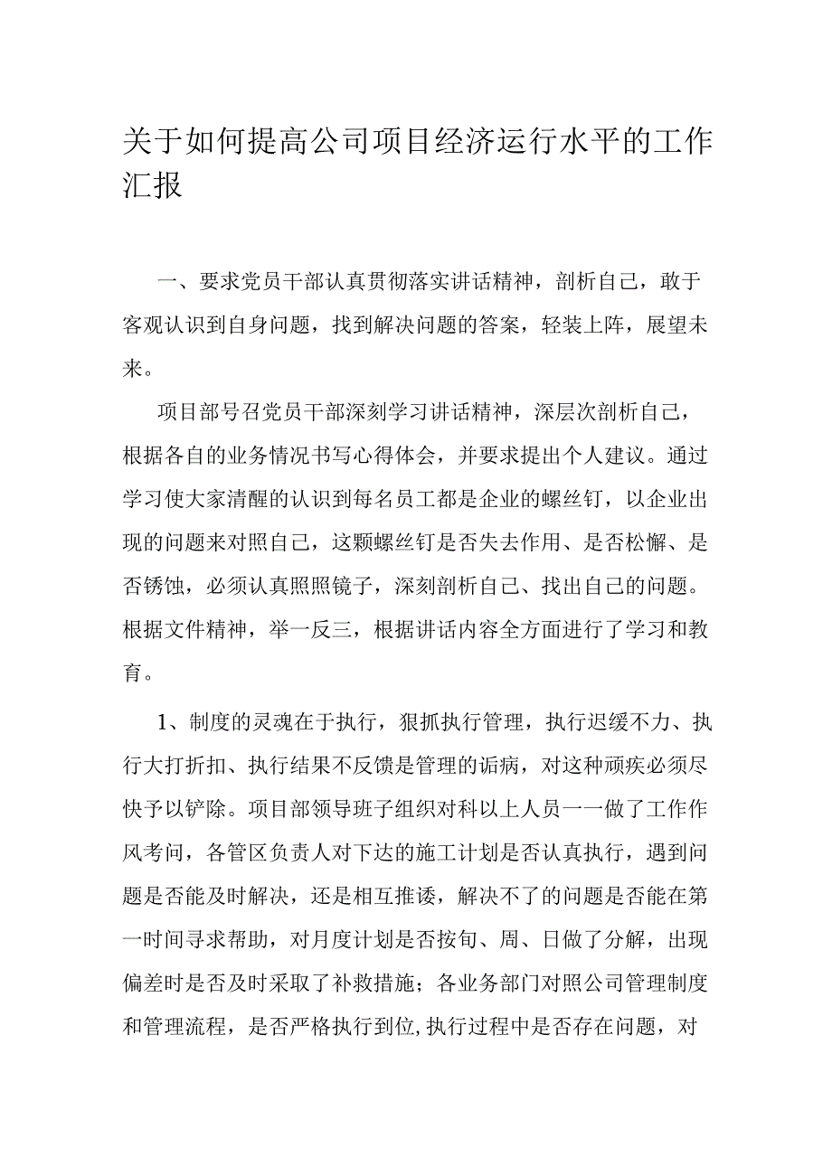 关于如何提高公司项目经济运行水平的工作汇报.docx_第1页