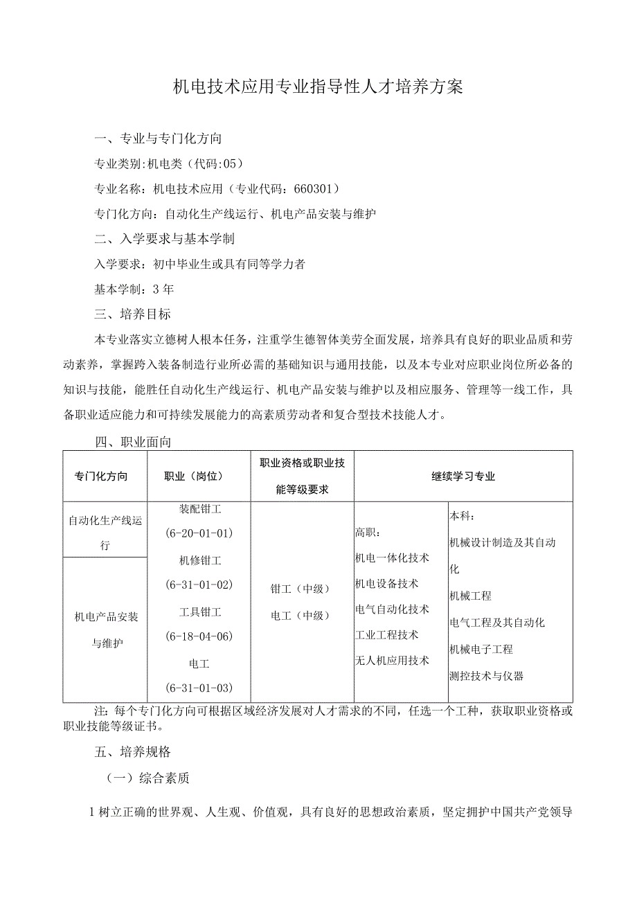 机电技术应用专业指导性人才培养方案.docx_第1页