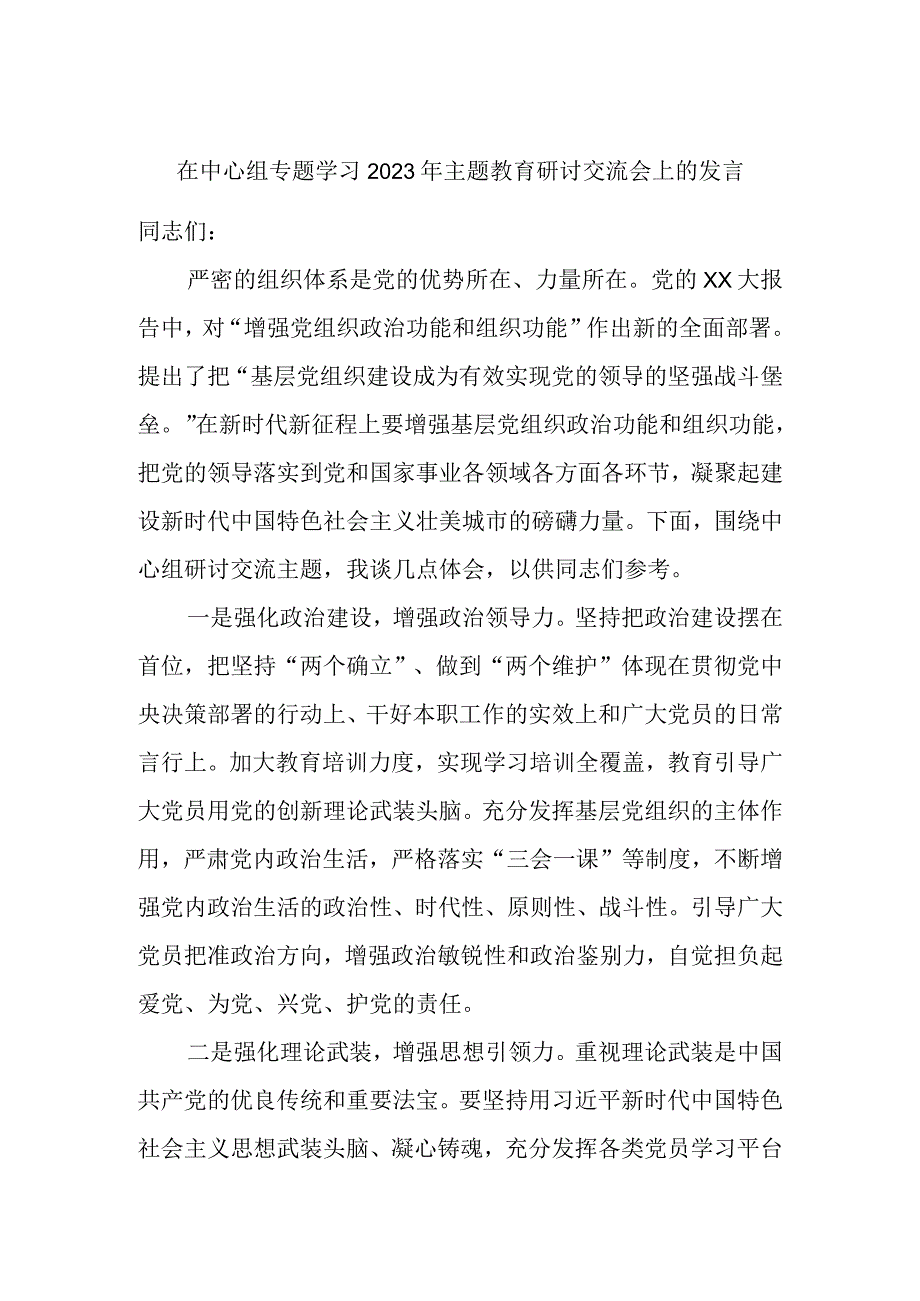 在中心组专题学习2023年主题教育研讨交流会上的发言.docx_第1页