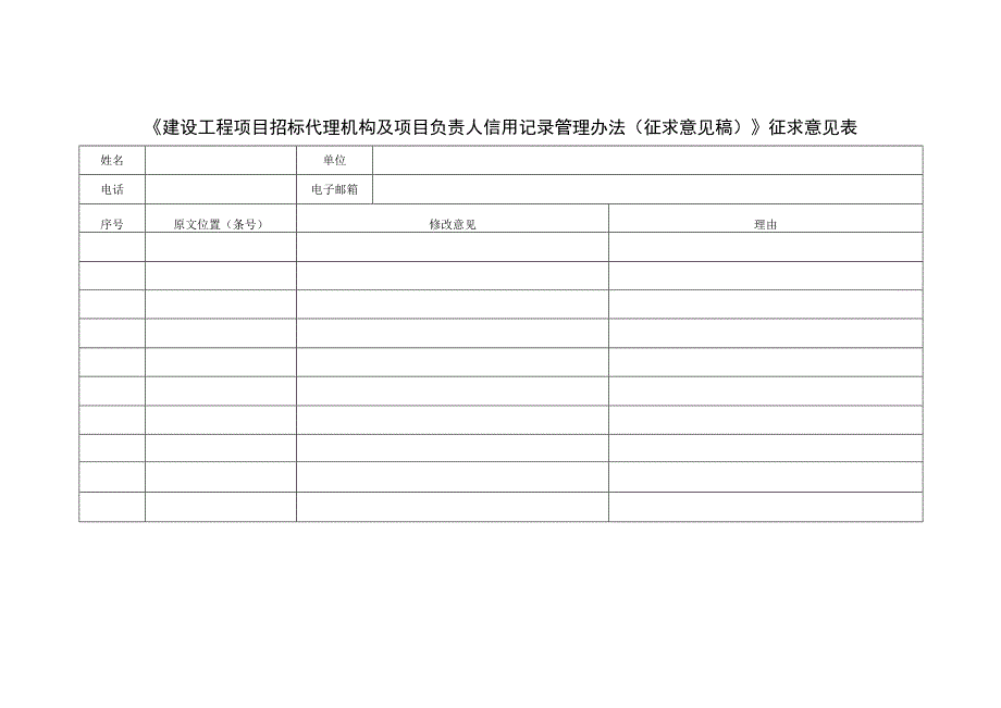 建设工程项目招标代理机构及项目负责人信用记录管理办法（征求意见稿）》征求意见表.docx_第1页