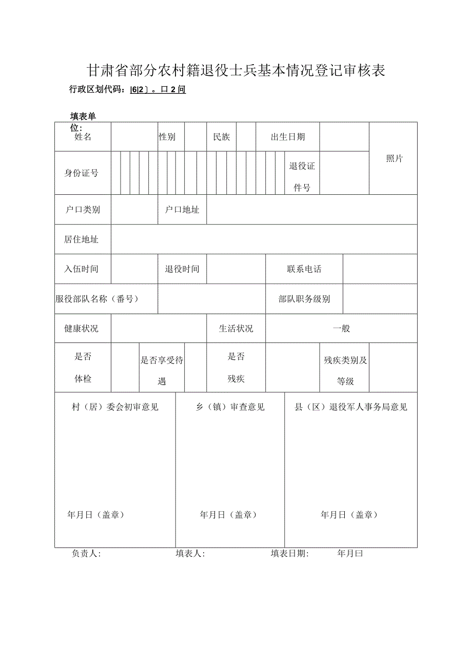 甘肃省部分农村籍退役士兵基本情况登记审核表.docx_第1页