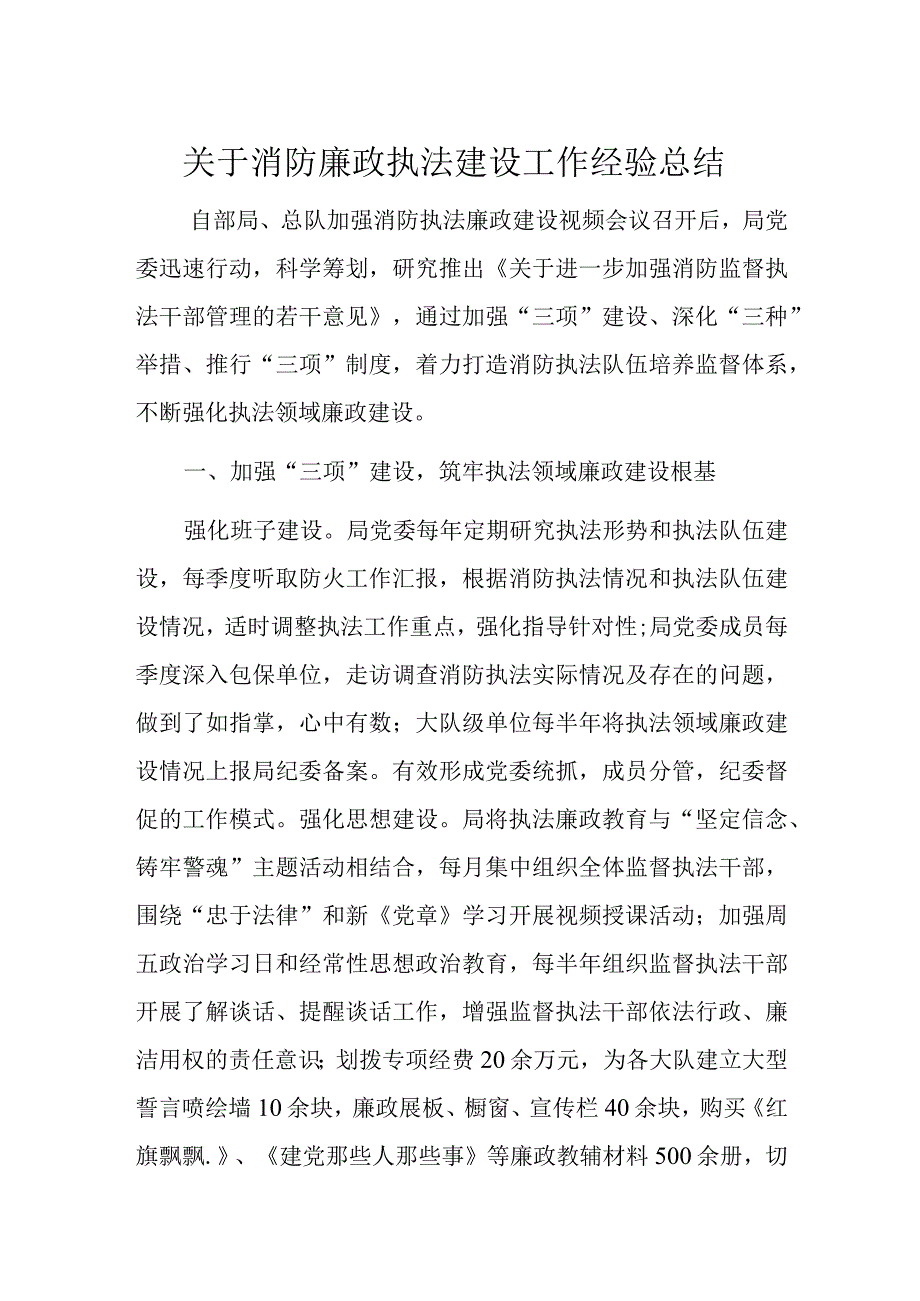 关于消防廉政执法建设工作经验总结.docx_第1页