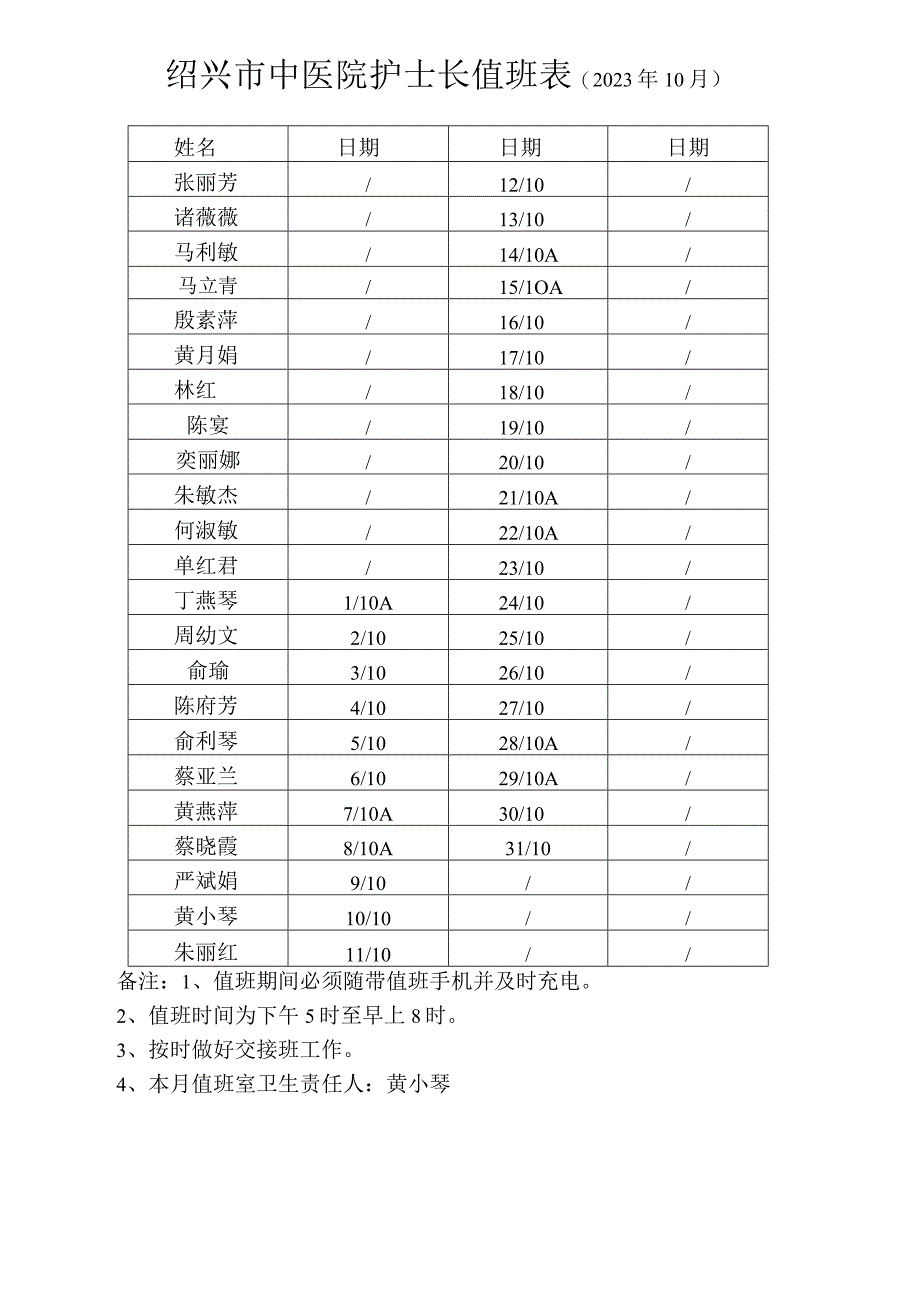 绍兴市中医院护士长值班023年10月日期备注值班期间必须随带值班手机并及时充电.docx_第1页