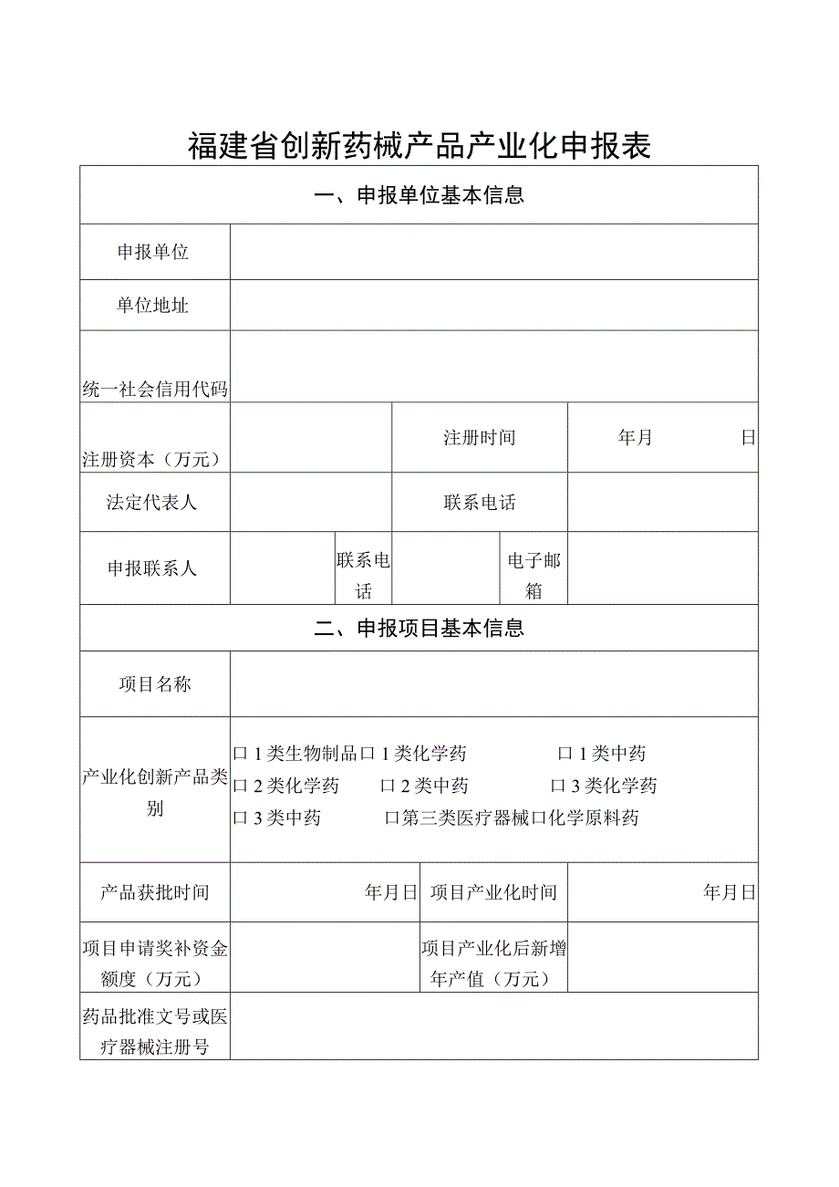 福建省创新药械产品产业化申报表.docx_第1页