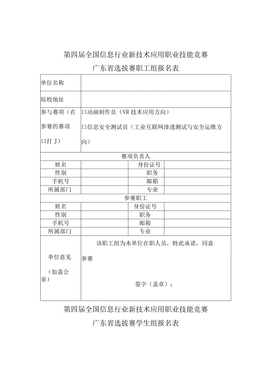 第四届全国信息行业新技术应用职业技能竞赛广东省选拔赛职工组报名表.docx_第1页