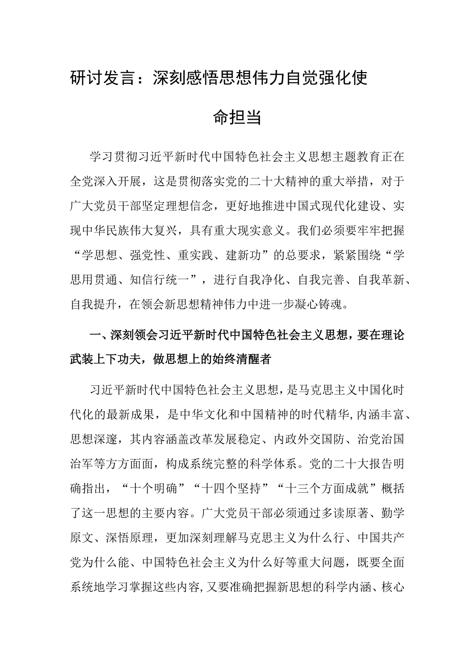 研讨发言：深刻感悟思想伟力 自觉强化使命担当.docx_第1页