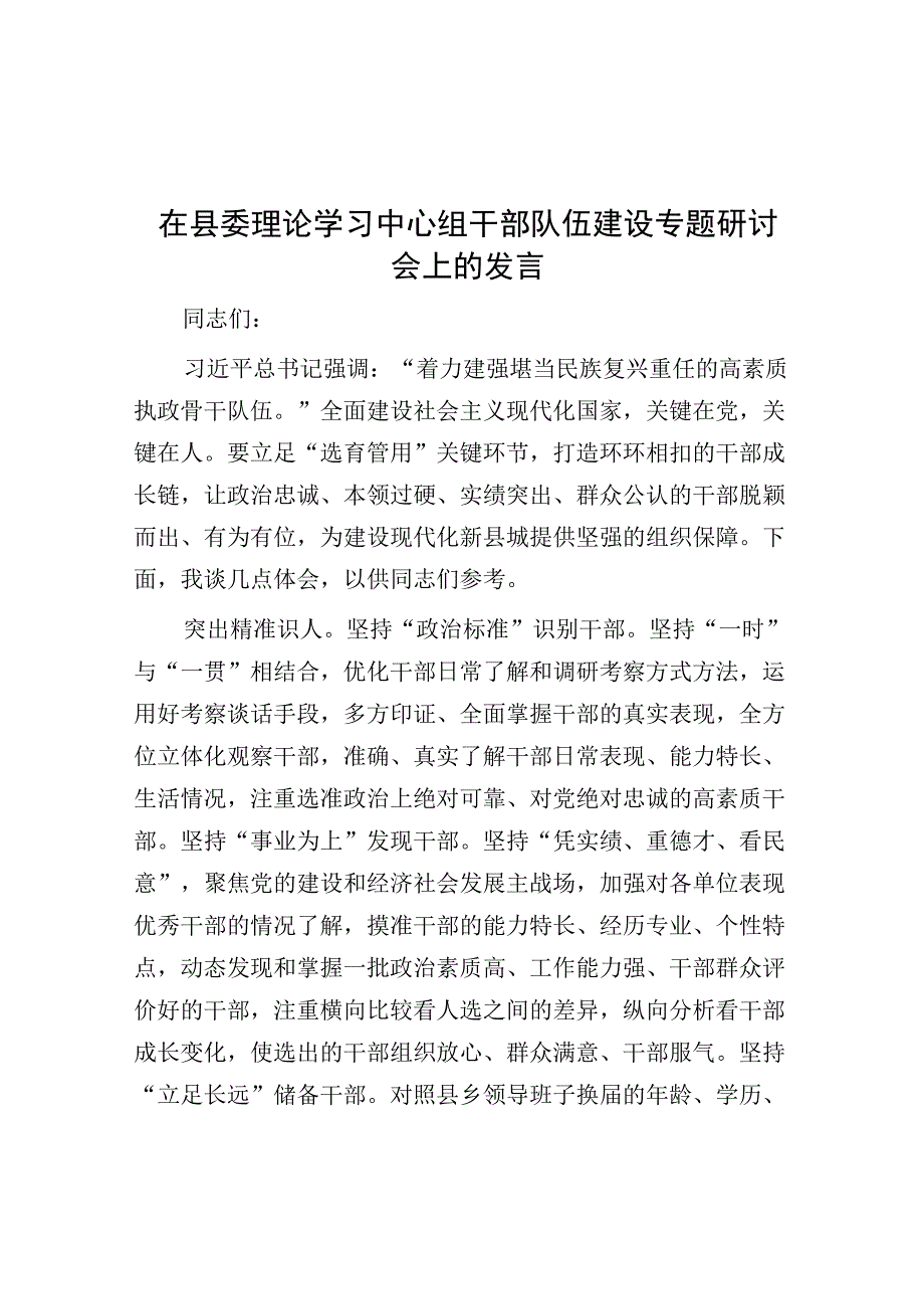 研讨发言：中心组“干部队伍建设”专题交流材料.docx_第1页