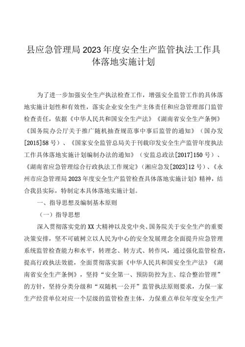 县应急管理局 2023 年度安全生产监管执法工作计划.docx